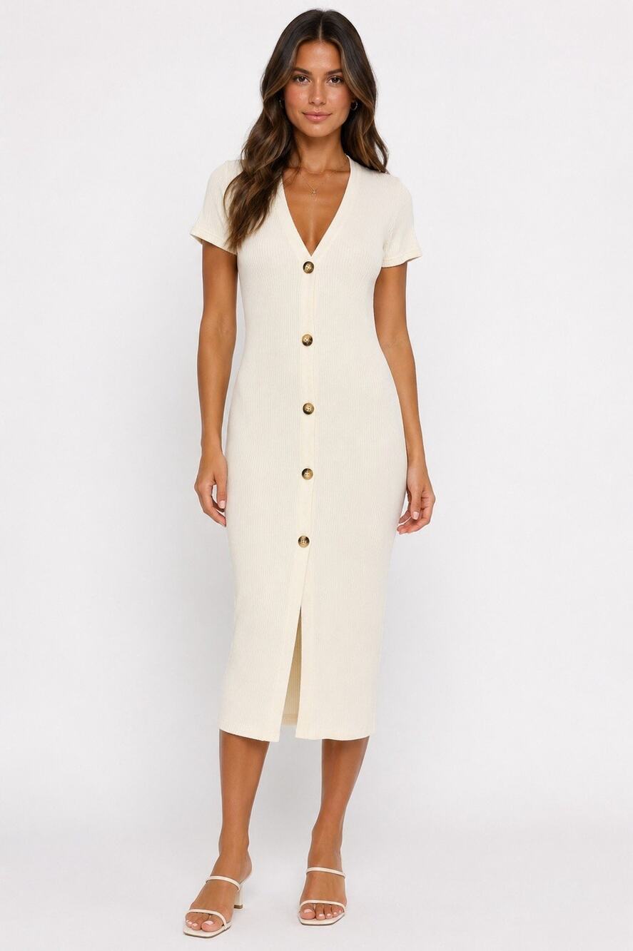 Zara Ribbed Knit Button Front Midi Dress Cream Ivory Short Sleeve V Neck Size S